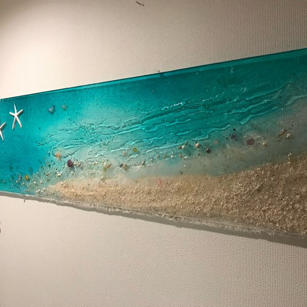 壁掛けアートパネルスタンド エメラルドグリーンのビーチ 120×30 壁飾り