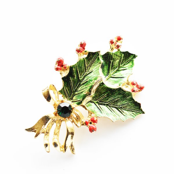 1960s' ヴィンテージ メッキゴールド ラインストーン ヒイラギ リボン クリスマスブローチ