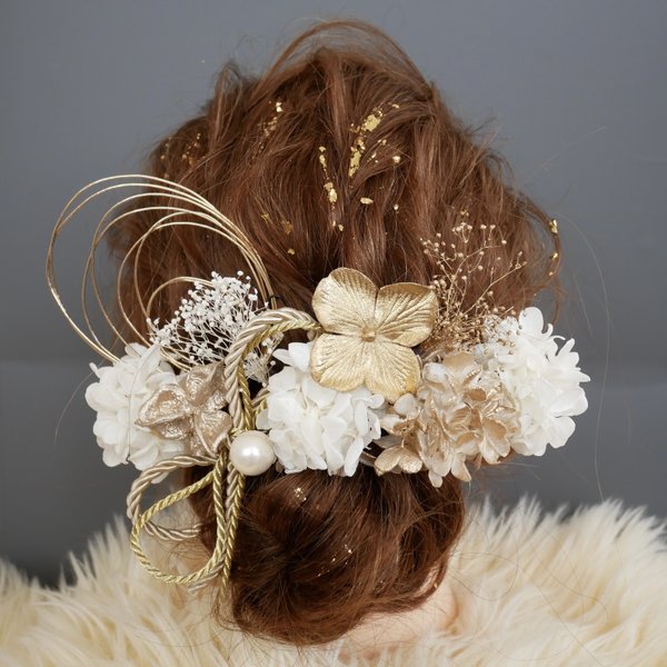 成人式 結婚式 卒業式 七五三 髪飾り　白ゴールド ロープリボン（ 金箔付き ）