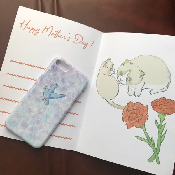 猫の母の日カードと水彩×青い鳥のスマホケース　プレゼント　ギフト