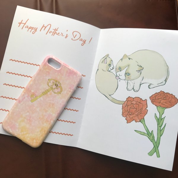 猫の母の日カードと水彩×アンティークの鍵のスマホケース　プレゼント　ギフト