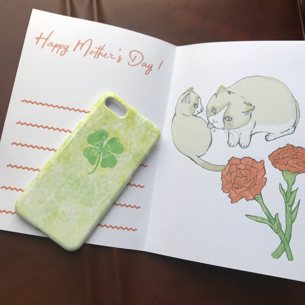 猫の母の日カードと水彩×四つ葉のクローバーのスマホケース　プレゼント　ギフト