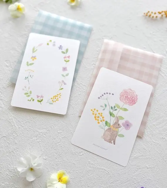 春のお花畑とギンガムチェックのメッセージカード