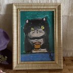 作品絵画。原画手描【かわいい黒猫が今日美味しいコーヒーを飲んだ】