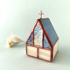 作品【Small church】Dark blue roof church  　 LED専用キャンドルホルダー  ステンドグラス