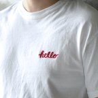 作品チェーンステッチ 刺繍 ビンテージ スタイル Tシャツ ユニセックス bonjour hello aloha【ホワイト】