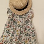 作品ボタニカル花柄リップルワンピース　キッズ　ベビー服　80-90 リップルサッカー生地　花柄ワンピース　ベビーワンピース