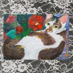 作品油彩 絵画 猫 椿 一点物 華 デザフェス 出展作品