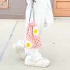 作品巾着 バック ピンク 花柄 ニット かぎ針編み 手編み グラニースクエア 桜 春