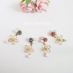 作品【２色】Bijou & Wire Flower  イヤリング ピアス ビジュー スワロフスキー 花 フラワー ワイヤー パール