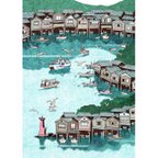 作品「伊根の舟屋」　船のガレージ　海の京都　イラスト