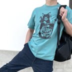 作品猫とカエルのTシャツ（ヘイジーグリーン）【M】男女兼用