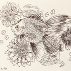 作品金魚と花々