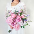 作品【桜 ブーケ】生花に見える ピンク 桜 ピオニー  ウェディングブーケ ブートニア 結婚式 前撮り 造花 春夏秋冬