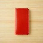 作品牛革 iPhone15 / 15 Pro カバー  ヌメ革  レザーケース  手帳型  レッドカラー 