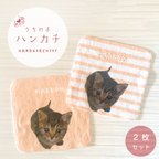 作品うちの子 ハンカチ ミニタオル オリジナル  写真 名入れ 2枚セット 20×20cm ボーダー柄 ペット 犬 猫 ハムスター うさぎ うちの子グッズ 今治タオル 送料無料