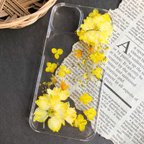 作品千鳥草 紫陽花 かすみ草 【押し花】 スマホケース 全機種対応 黄色 イエロー