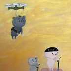 作品絵画『今は未来』　　キーワード:イラスト　動物　ねずみ　ネズミ　プレゼント 乗り物　絵画