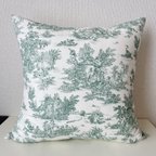 作品クッションカバー　45×45  トワルドジュイ Toile de Jouy 　 オフホワイト×グリーン　両面