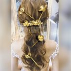 作品コーム＋ヘアピン6本セット 結婚式 花嫁 ブライダル ヘアアクセサリー ヘアアクセ ヘッドアクセサリー ゴールド フラワー ヘッドドレス 髪飾り ウエディング