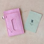 作品ワックスレザーのパスケース【ピンク】  3ポケット イタリアンレザー使用 定期入れ 本革・手縫い