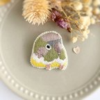 作品  【本革裏地】ウロコインコのひょっこり刺繍ブローチ