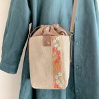 作品NEW＊ 欲張りなスマホポシェット　麻帆布&インド刺繍（モカブラウン）　　ペットボトル・長財布OK！（巾着ポシェット・巾着ショルダー・帆布）