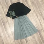 作品残1点🌻YUWA お花ストライプ くすみグリーン かわいい ギャザースカート