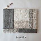 作品パッチワークとビーズ刺繍のフラットポーチ