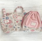 作品【sale】３点セット▼レッスンバッグ・上靴入れ・着替え入れ▼花×ピンク　麻色