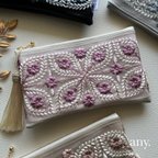 作品new🌿インド刺繍リボン 大人ポーチBrilliant flower purplepink✨用途いろいろ！便利なサイズ 母の日　母の日プレゼント