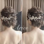 作品ブライダル　結婚式　花嫁　小枝 パール ビジュー 小花 ヘアアクセサリー ゴールド ヘアコーム 髪飾り ヘッドドレス   コサージュ