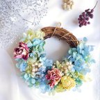 作品BlueGreen Wreath　フラワーリース　リース　ミニリース　プレゼント　フラワーギフト　お花　母の日　ひな祭り　ホワイトデー