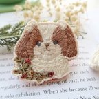 作品シーズー　刺繍ブローチ　おさげとマフラースタイル　クリスマス　ビーズ　スパンコール　犬