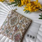 作品【13㌢×14㌢】ザリ刺繍　インド刺繍ポーチ　両面　母の日　12㌢ファスナー　ミニ財布　プレゼント