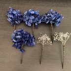 作品ブルーあじさい&シルバーかすみ草　髪飾りセット　プリザーブドフラワー　結婚式　成人式　ウェディング