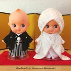 作品ウェルカムドール / 白無垢ウェディングキューピー（黒い紋付袴＆白無垢）/ Bride & Groom Kewpies in Japanese kimonos (shiromuku)