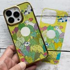 作品iPhone13Pro用浮世絵ネコさん＆ハワイアンフラワー3Wayメタリックバンパーソフトクリアケースセット・タロリーフ