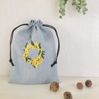 作品もこもこミモザ刺繍のリネン巾着(くすみブルー)