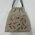 作品【お花の手刺繍】かわいい巾着　マーガレット　オレンジ　ギフト　ハーフリネン　ボタニカル