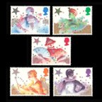 作品ファンタジー、クリスマス イギリス 1985年 外国切手5種 未使用【古切手 素材】