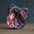 作品猫型の台湾花柄x絹織物mini猫耳巾着ポーチ(一点作品)