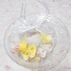 作品ねこちゃんお花のかんむり、レース薔薇造花＆ピンクビーズアレンジ