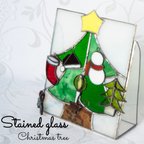 作品新作ステンドグラス　クリスマスツリーパネルオーナメント付き自立　冬小物ガラス雑貨インテリア小物置物