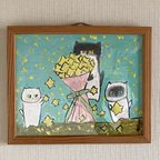 作品絵画 。原画☆【猫たちは落ちた星を花束に集め、楽しく一緒に遊んでいる】