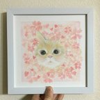 作品パステル画✽原画・フレーム付✽子猫✽幸せいっぱい、桜いっぱいだニャン