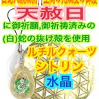 作品4つ葉✨四つ葉のクローバー✨シトリン✨ルチルクォーツ✨水晶✨ストラップ✨チャーム✨レジン✨当選✨金運✨財運✨恋愛✨仕事運✨開運✨子宝✨白蛇の抜け殻✨メモリーオイル使用✨白蛇のお守り【天赦日ご祈祷済】