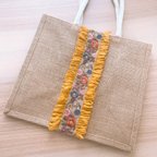 作品カバン　バッグ　エコバッグ　トートバッグ　カゴバッグ　ジュートバッグ　手提げ　インド刺繍　インド刺繍リボン　フリル　フリルリボン　可愛い　春　夏　プレゼント　誕生日　友達