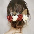 作品《再販》ドライフラワー ヘッドパーツ 髪飾り ヘアアクセサリー 結婚式 和装 赤 卒業式 ゴールド