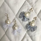 作品flower tulle ribbon♡BIG pearl （イヤリング/ピアス/樹脂ピアス/樹脂ノンホールピアス）